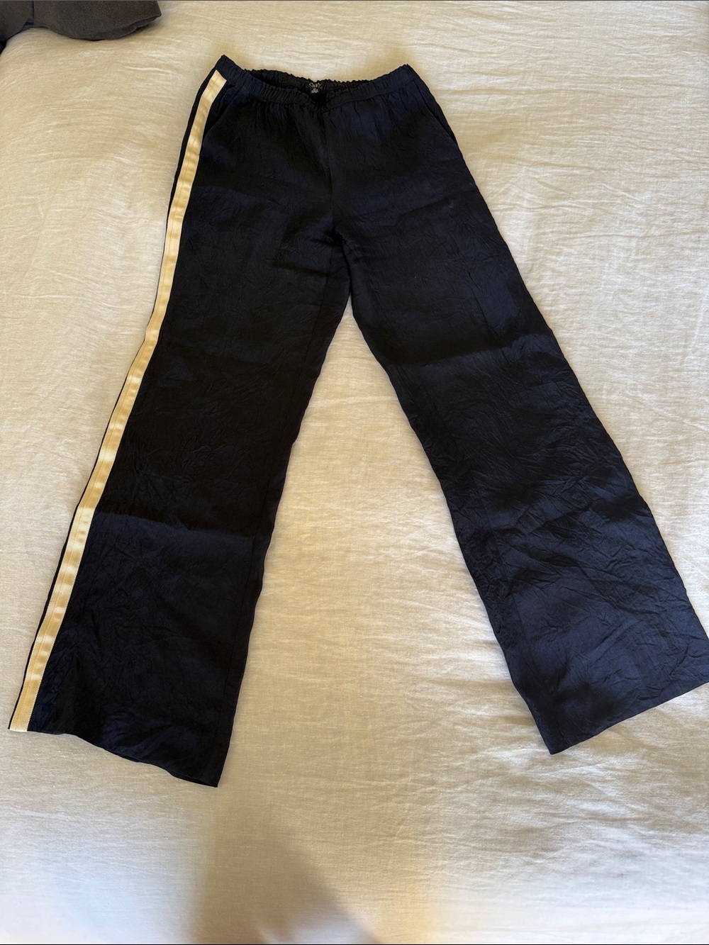J.Crew navy satin pants with cream stripe